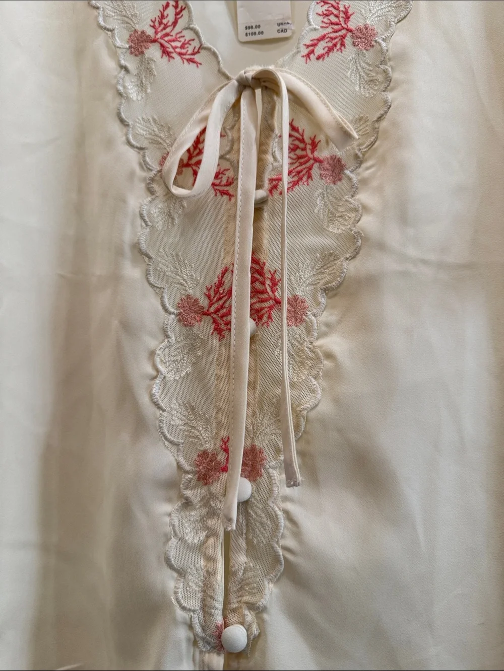 Anthropologie Cream Short Pajama Set with Coral Embroidery
